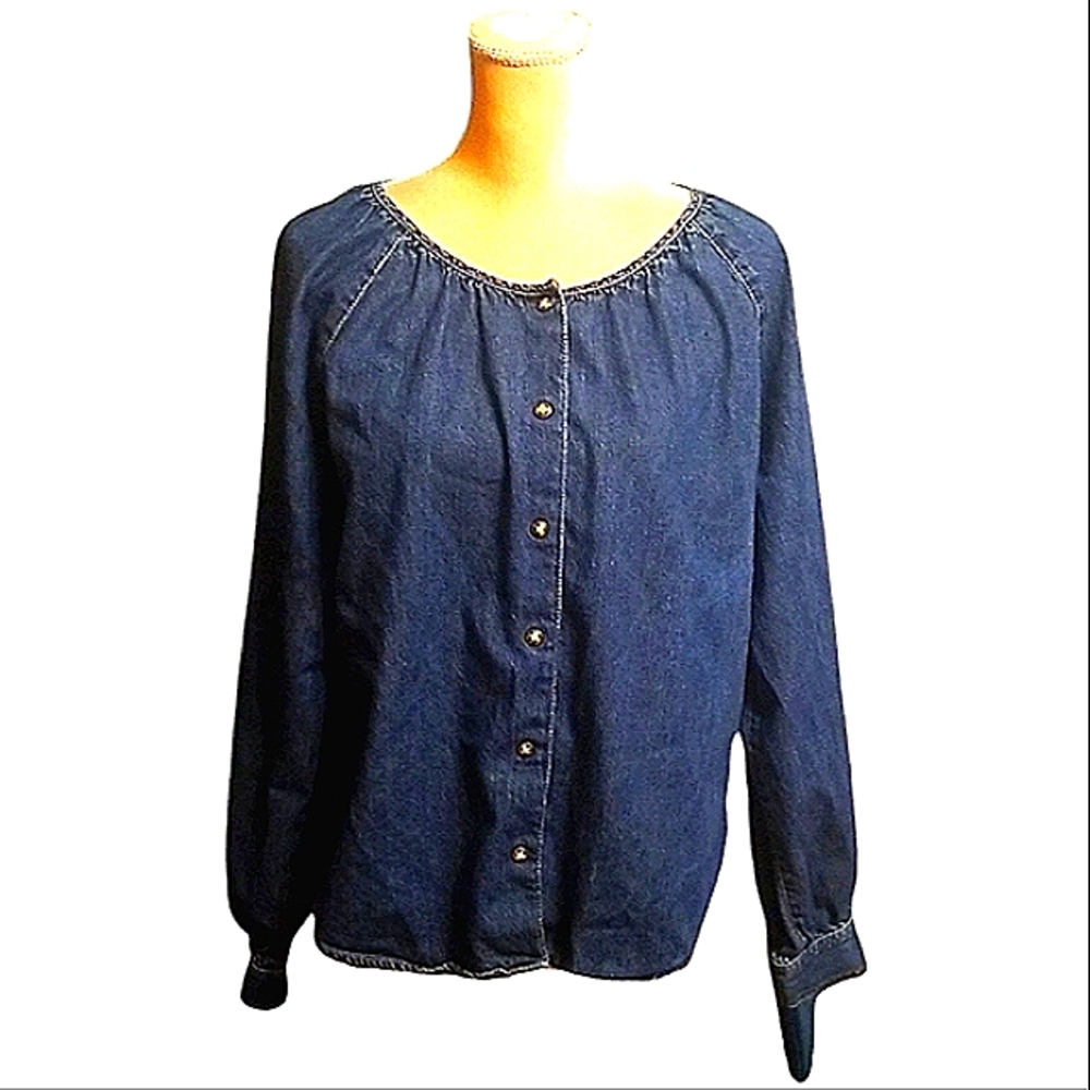 Liz Claiborne Blue Denim Button-Front Peasant Blouse
